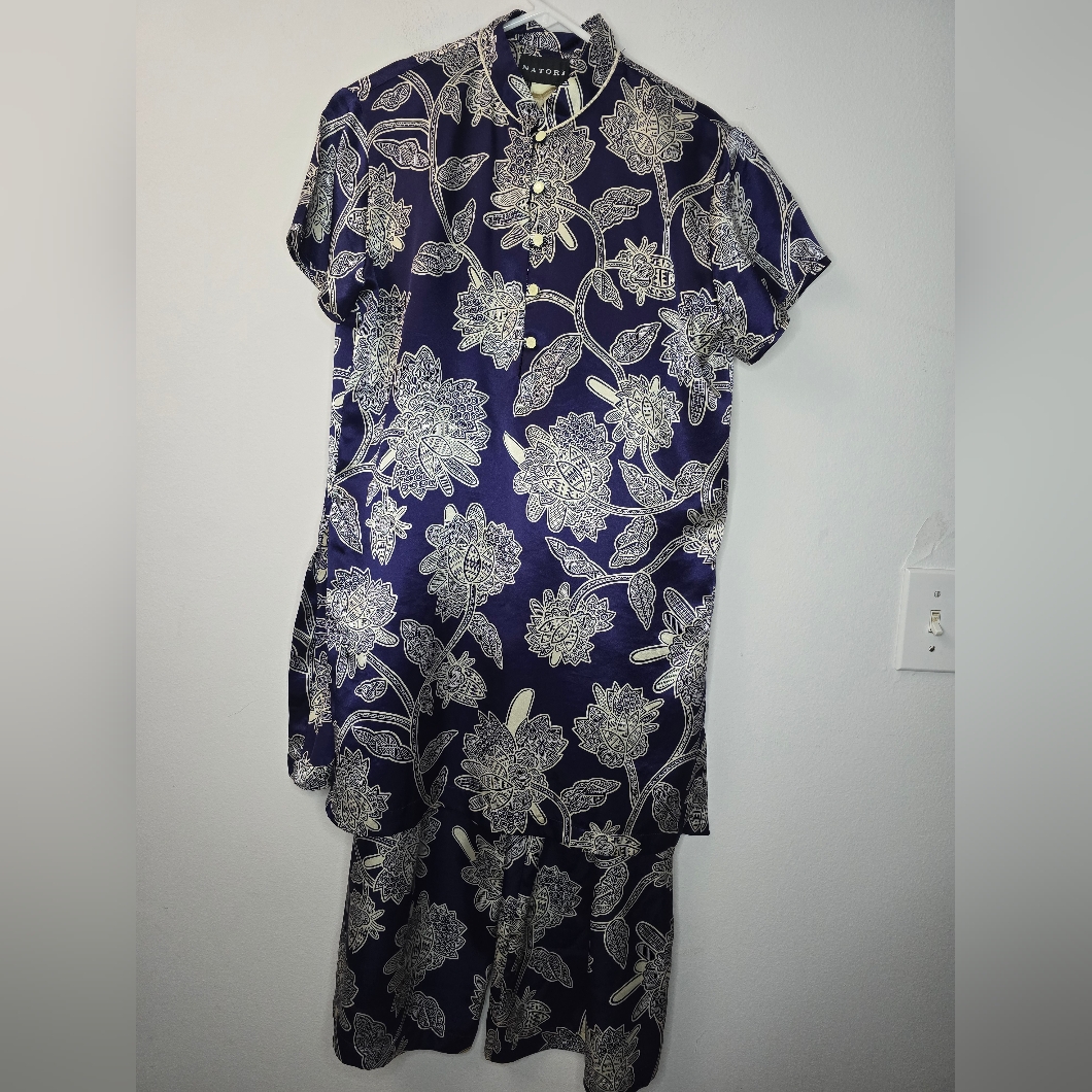 Natori Shanghai Mandarin Collar Top And Pants Pajama Set Navy Size Petite